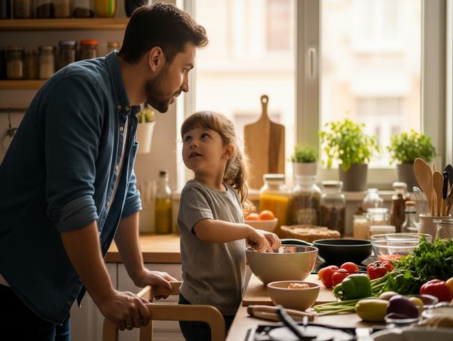 Parent and preschool child cooking together in warm family kitchen, engaged in natural conversation while preparing a meal