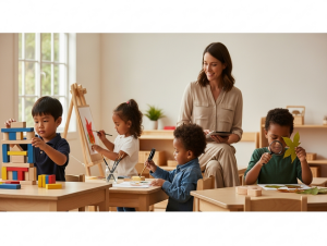 Early childhood educator observing children engaged in individualized learning activities showcasing different strengths and interests