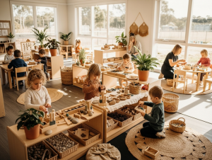 Children exploring creative materials in a warm, modern early learning environment at True Maple Bilingual Early Learning Centre