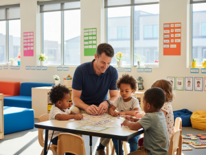 Child development specialist James Mitchell supporting diverse young children through transition activities in a warm early learning environment