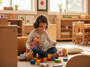 Child engaged in imaginative play with toys in early learning centre classroom