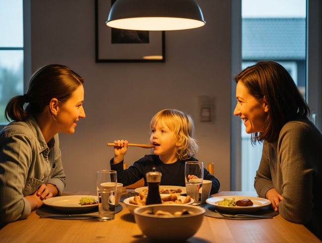 Family of three at dinner table with young child holding talking token while sharing during mealtime conversation ritual