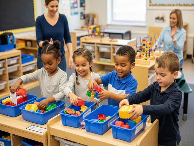 Children eagerly cleaning up toys during music-led cleanup time at early learning centre