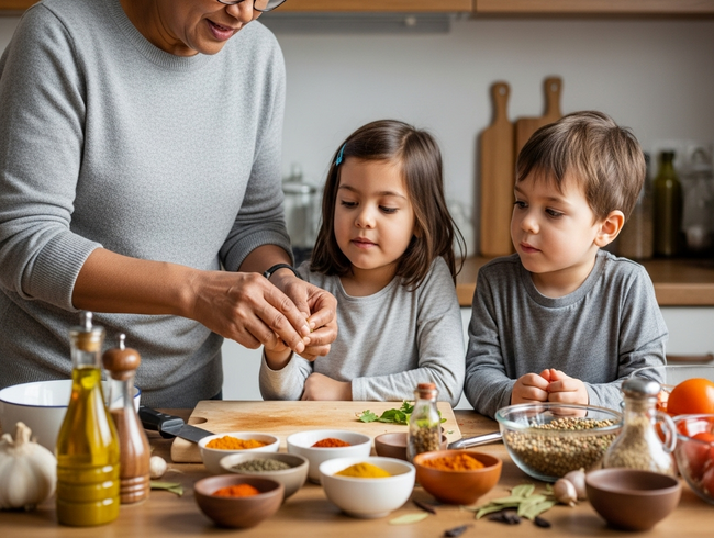 Adult sharing traditional cooking techniques and cultural food stories with two young children in family kitchen setting