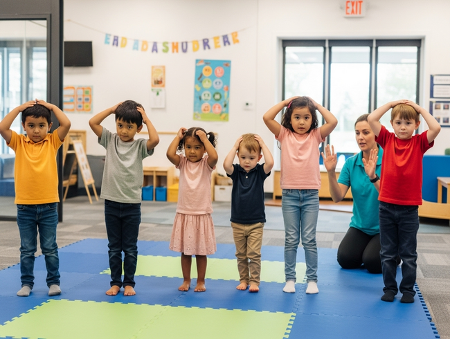 Children developing cognitive skills through Head Shoulders Knees and Toes movement activity