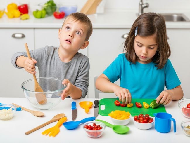 Two preschool children exploring cooking tasks with curiosity, one stirring while other sorts vegetables, demonstrating natural questioning through hands-on learning