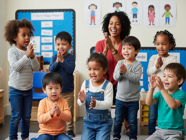 Diverse children developing language skills through musical activities at bilingual early learning centre