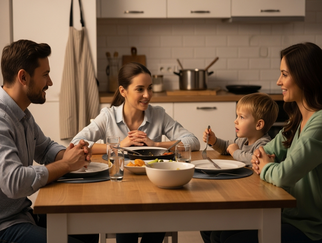Family sharing gratitude and reflection moment after cooking and eating together, with young child expressing appreciation while parents listen attentively