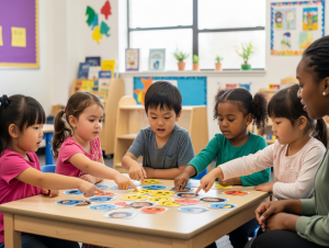 Diverse group of young children engaged in emotional learning activity with multicultural emotion cards in bright early learning classroom