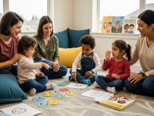 Diverse children learning emotional literacy in welcoming early learning centre classroom with educators and parent support