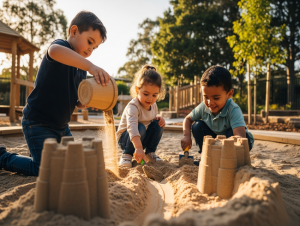 Three young children collaborating to build a sandcastle in a sunny, nature-inspired sandpit at True Maple Early Learning Centre.