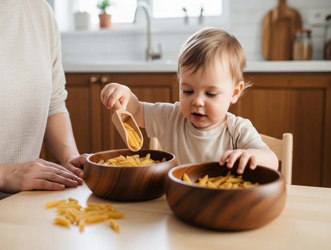 A young toddler sits at a kitchen table, happily engaged in a homemade sensory activity, transferring pasta between two wooden bowls.