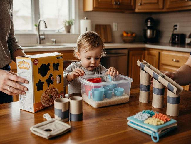 Toddler playing with homemade educational toys including shape sorters and sensory bins in a warm family kitchen