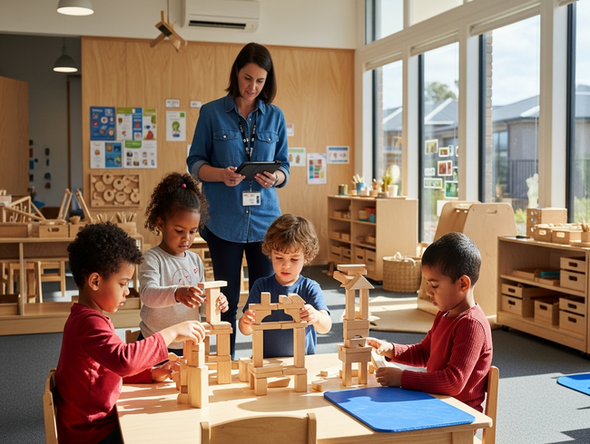 Children engaged in complex block building activity with early childhood educator observing in modern learning studio at Nambour Early Learning Centre