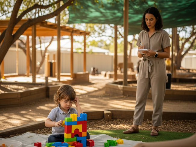 Early childhood educator observing young child's emotional expressions during outdoor block play activity