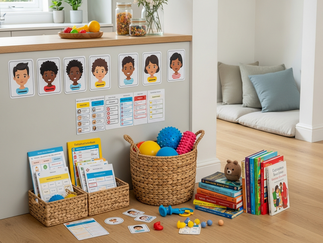 Organized emotional learning corner in family kitchen with emotion cards, sensory tools, and cultural diversity materials