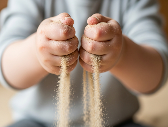 A close-up of a young child's hands letting clean sand run through their fingers, illustrating the sensory benefits of sandpit play.