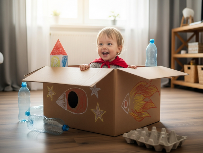 A toddler using their imagination to play in a cardboard box rocket ship in a sunny living room, surrounded by recycled materials.