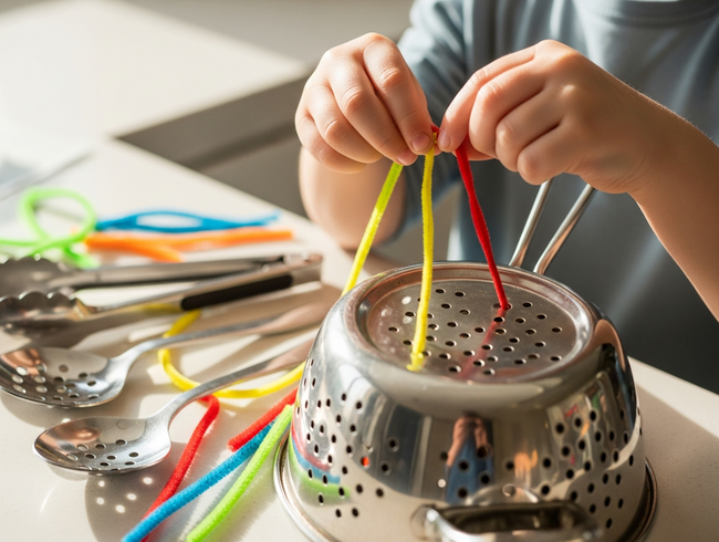 Child's hands threading colorful shoelace through kitchen colander holes for fine motor skill development