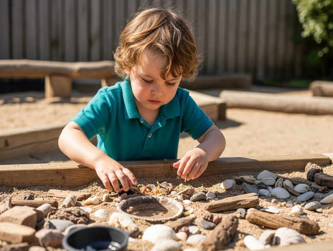 Child engaged in focused sensory exploration with natural materials demonstrating deep learning concentration