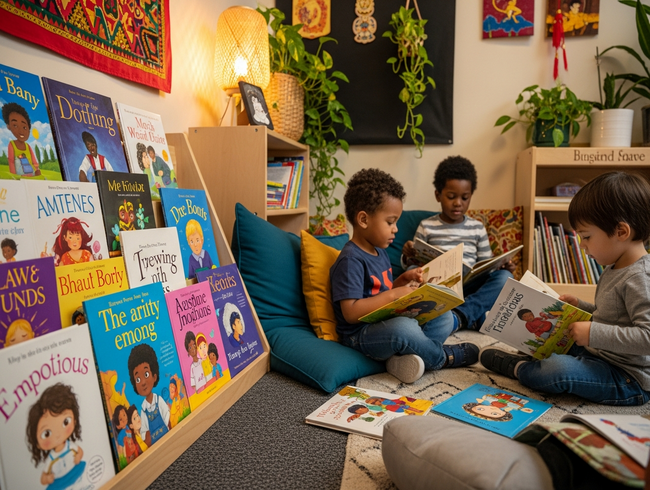 Diverse children engaged with multicultural emotion-themed picture books in cozy early learning reading corner