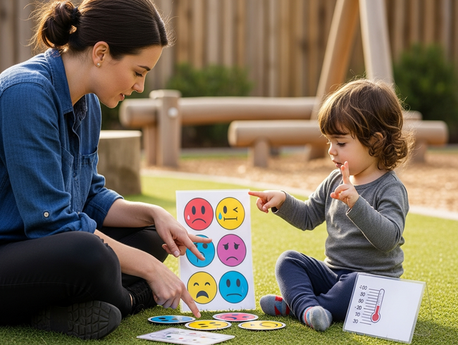 Child using pointing and gestures for emotion check-in with supportive educator in outdoor learning environment