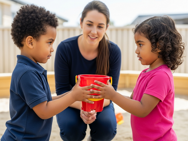 Two children learning to share a bucket in the sandpit with the gentle guidance of their educator at True Maple.