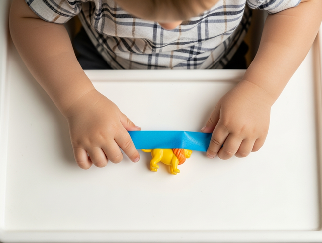 A close-up top-down view of a toddler's hands developing fine motor skills by peeling tape to rescue a toy.