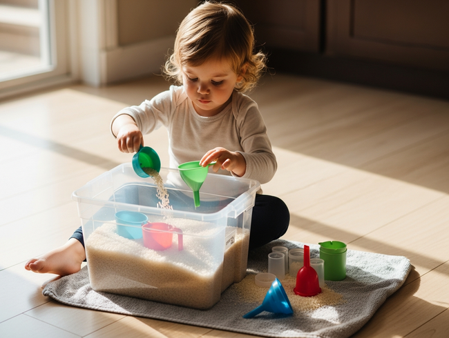Toddler calmly exploring rice sensory bin with measuring cups on kitchen floor for sensory development