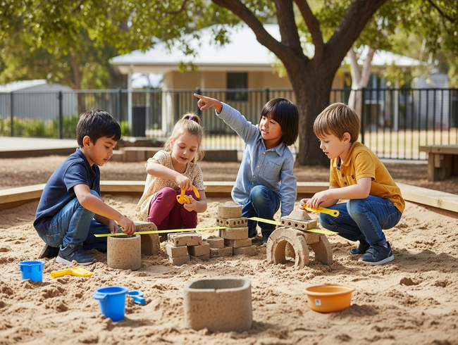 Children collaboratively building complex sand structures demonstrating mathematical thinking and social problem-solving skills