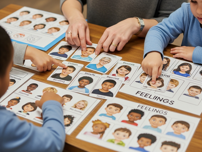 Close-up of diverse emotion cards and feeling charts being used by children and educator in learning activity