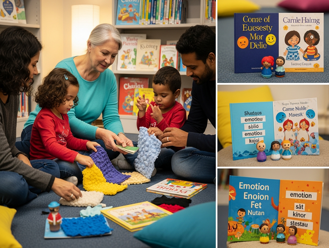 Diverse family using tactile props and multiple languages for emotional storytelling in early learning reading area