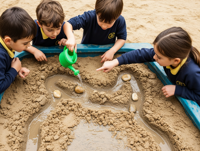 A group of children engaged in a science experiment with sand and water, learning about physics in their outdoor classroom.