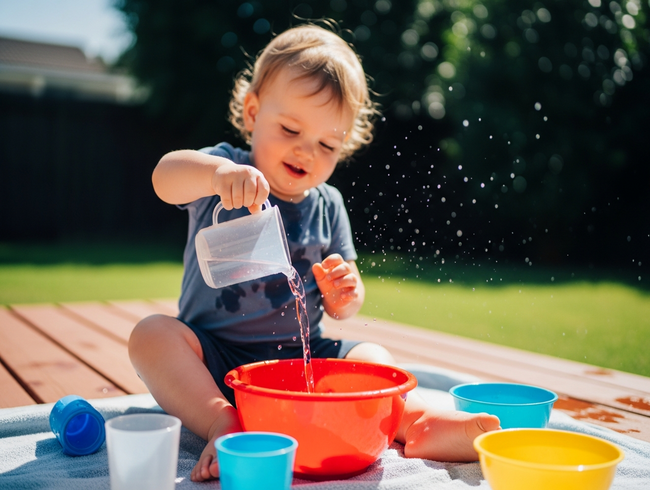 A happy toddler enjoys sensory play outdoors, pouring water between containers on a sunny day.