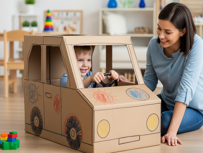 Child playing imaginatively in homemade cardboard box car with adult participating in creative play