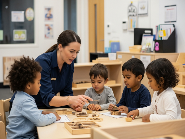 Qualified early childhood educator providing expert learning support to small group of children in professional learning environment