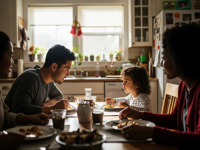 Parent and young child engaged in emotional conversation during family mealtime in warm kitchen setting
