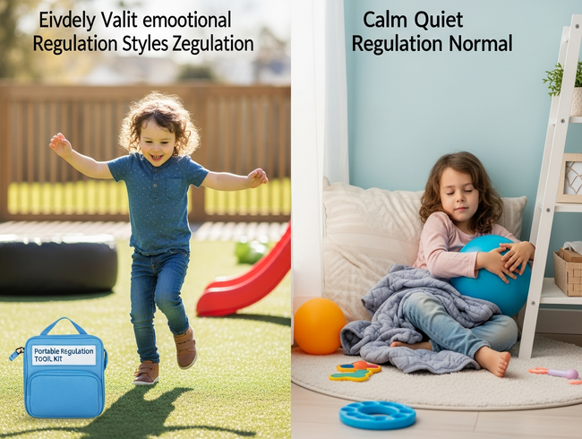 Two children demonstrating different emotional regulation styles - movement outdoors and quiet sensory tools indoors