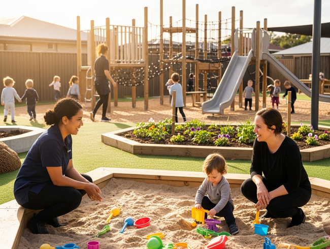 A welcoming view of the True Maple Early Learning Centre's outdoor play area, with children playing and an educator talking to a parent.