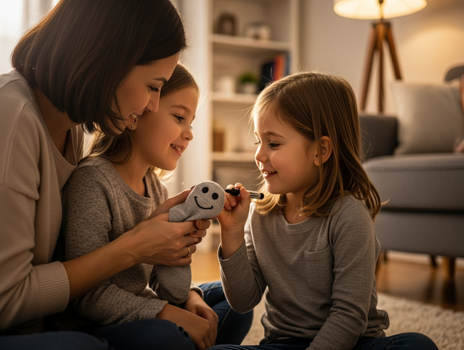 A parent and child sharing a happy moment while making a simple sock puppet together in their living room.