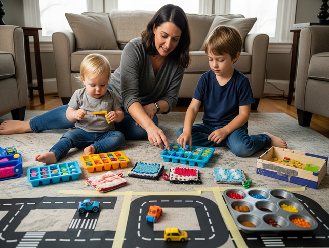 Parent and children enjoying homemade educational toys together on living room floor, showing family bonding through learning
