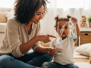 Educator and toddler exploring a sensory bottle together in a sunny room.