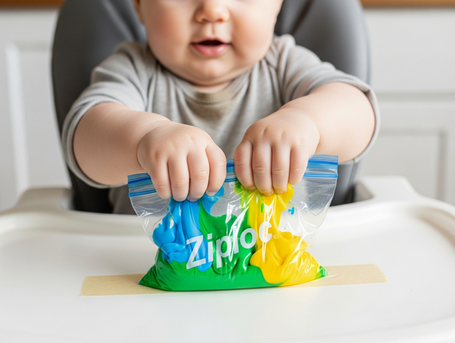 Baby playing with mess-free paint in a ziplock bag on a high chair tray.