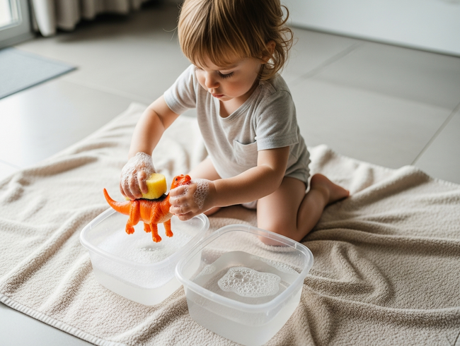 Toddler engaging in water play by washing plastic dinosaur toys in a tub.