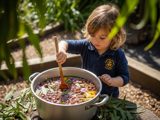 Preschool child creating nature soup with leaves and water outdoors.