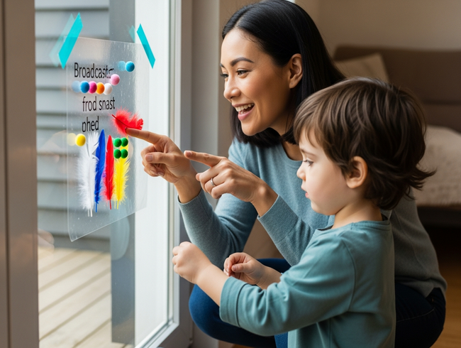 Adult teaching vocabulary to a child during a sticky wall sensory activity.